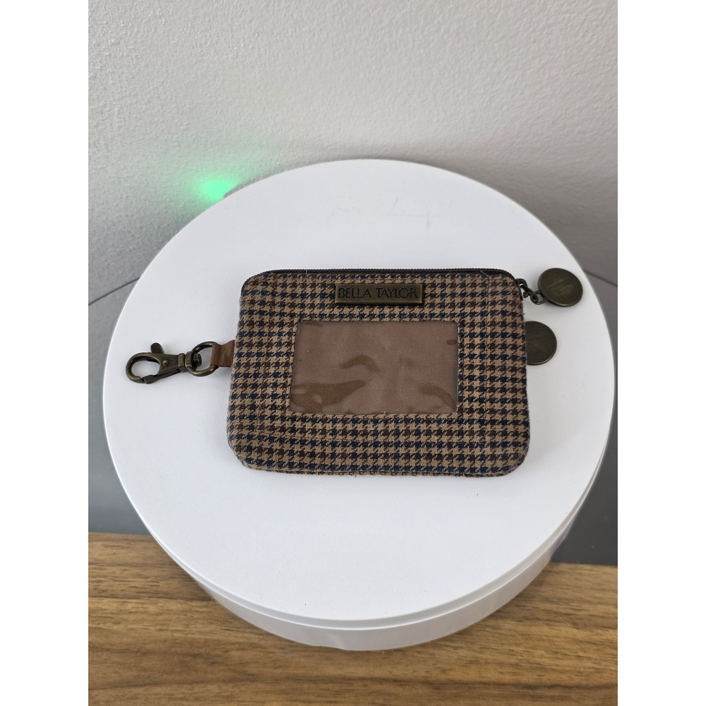 Bella Taylor Houndstooth ID Wallet Keychain Brown Navy Cotton Zippered Pouch